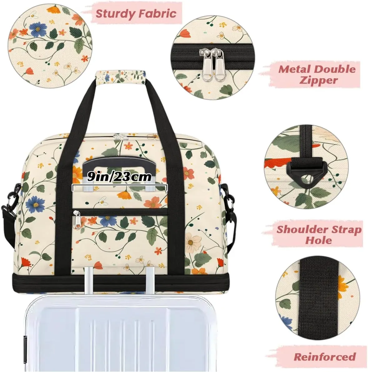Elegant Flower Flora Patterns Travel Duffle Bag, Collapsible Travel Bag Sports Gym Bag With Shoes Compartment Weekender Bag Overnight Bag For Women Men
