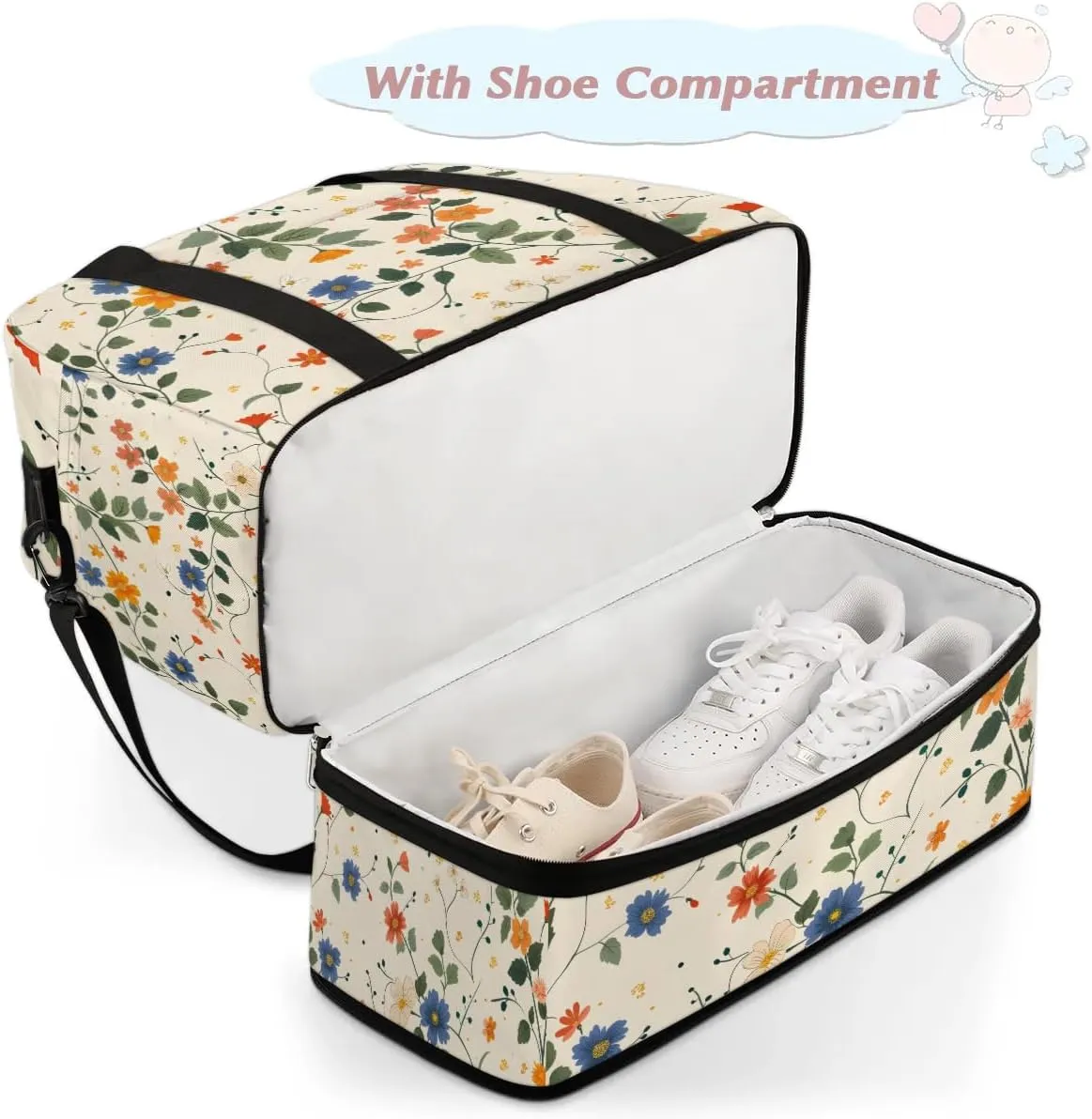 Elegant Flower Flora Patterns Travel Duffle Bag, Collapsible Travel Bag Sports Gym Bag With Shoes Compartment Weekender Bag Overnight Bag For Women Men