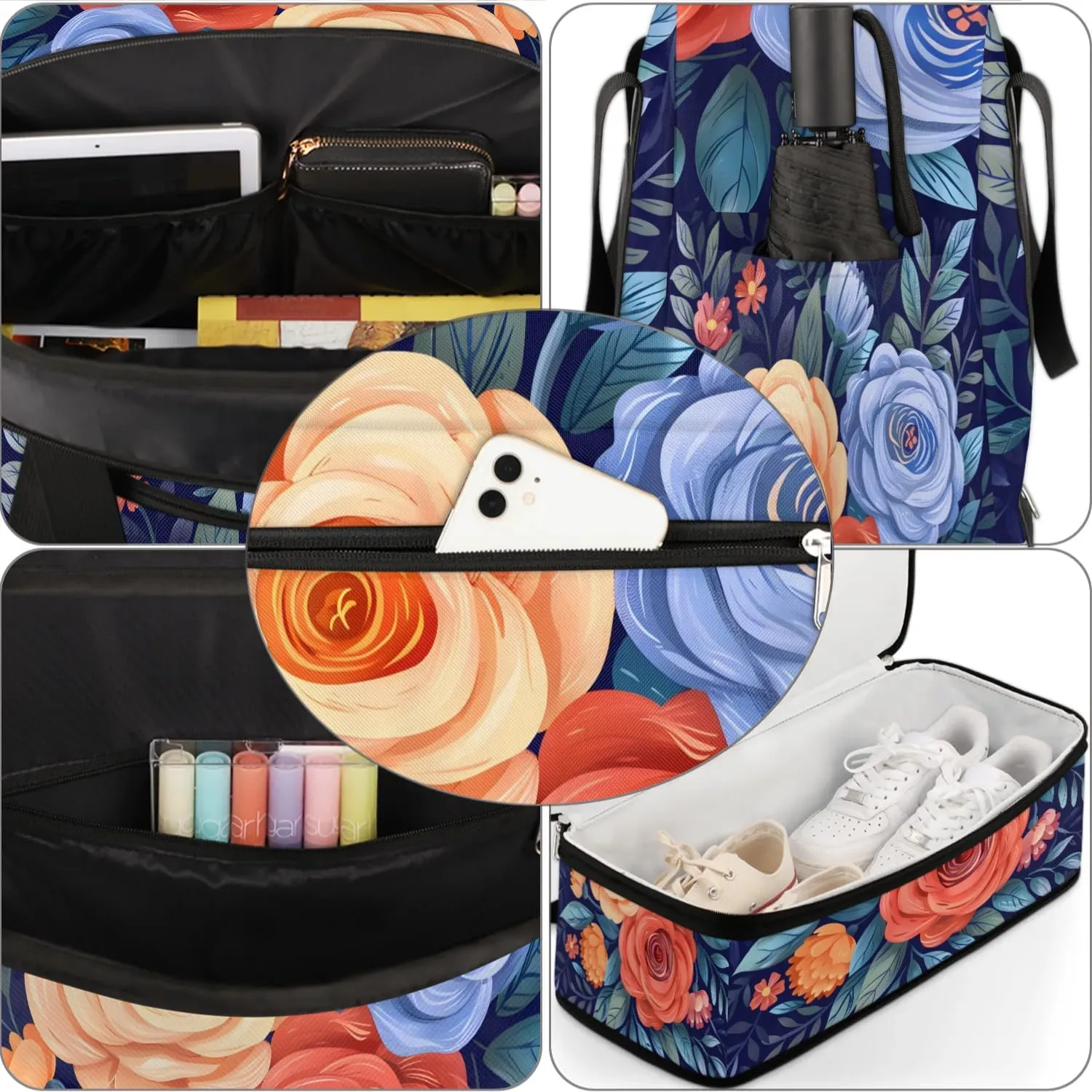 Elegant Flower Flora Printing Travel Duffle Bag, Collapsible Travel Bag Sports Gym Bag With Shoes Compartment Weekender Bag Overnight Bag For Women Men