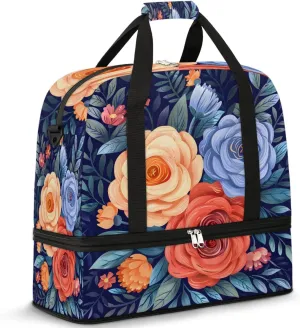 Elegant Flower Flora Printing Travel Duffle Bag, Collapsible Travel Bag Sports Gym Bag With Shoes Compartment Weekender Bag Overnight Bag For Women Men