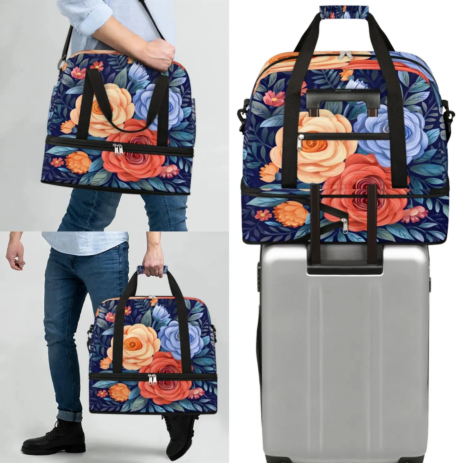 Elegant Flower Flora Printing Travel Duffle Bag, Collapsible Travel Bag Sports Gym Bag With Shoes Compartment Weekender Bag Overnight Bag For Women Men