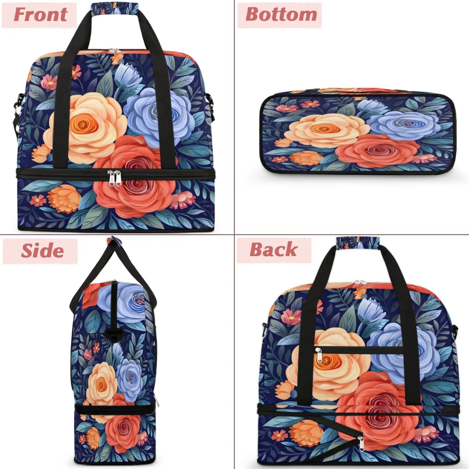Elegant Flower Flora Printing Travel Duffle Bag, Collapsible Travel Bag Sports Gym Bag With Shoes Compartment Weekender Bag Overnight Bag For Women Men