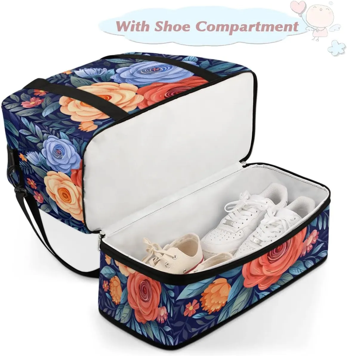 Elegant Flower Flora Printing Travel Duffle Bag, Collapsible Travel Bag Sports Gym Bag With Shoes Compartment Weekender Bag Overnight Bag For Women Men