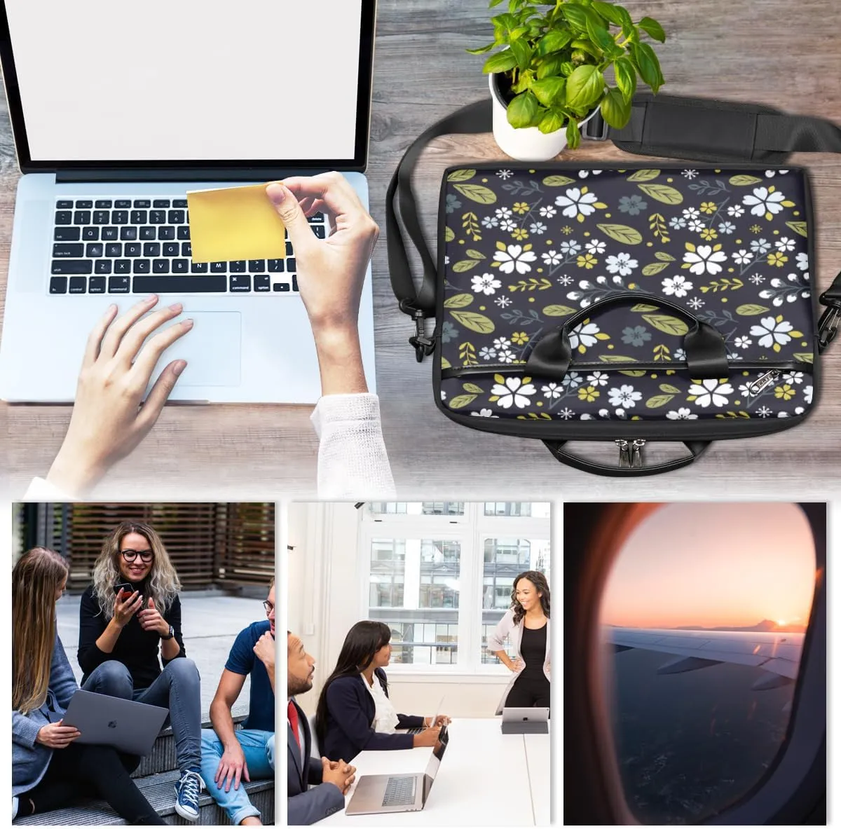 Elegant Flower Laptop Bag for Women Men 13-15 Inch Computer Briefcase Bag Lightweight Notebook Shoulder Messenger Bag