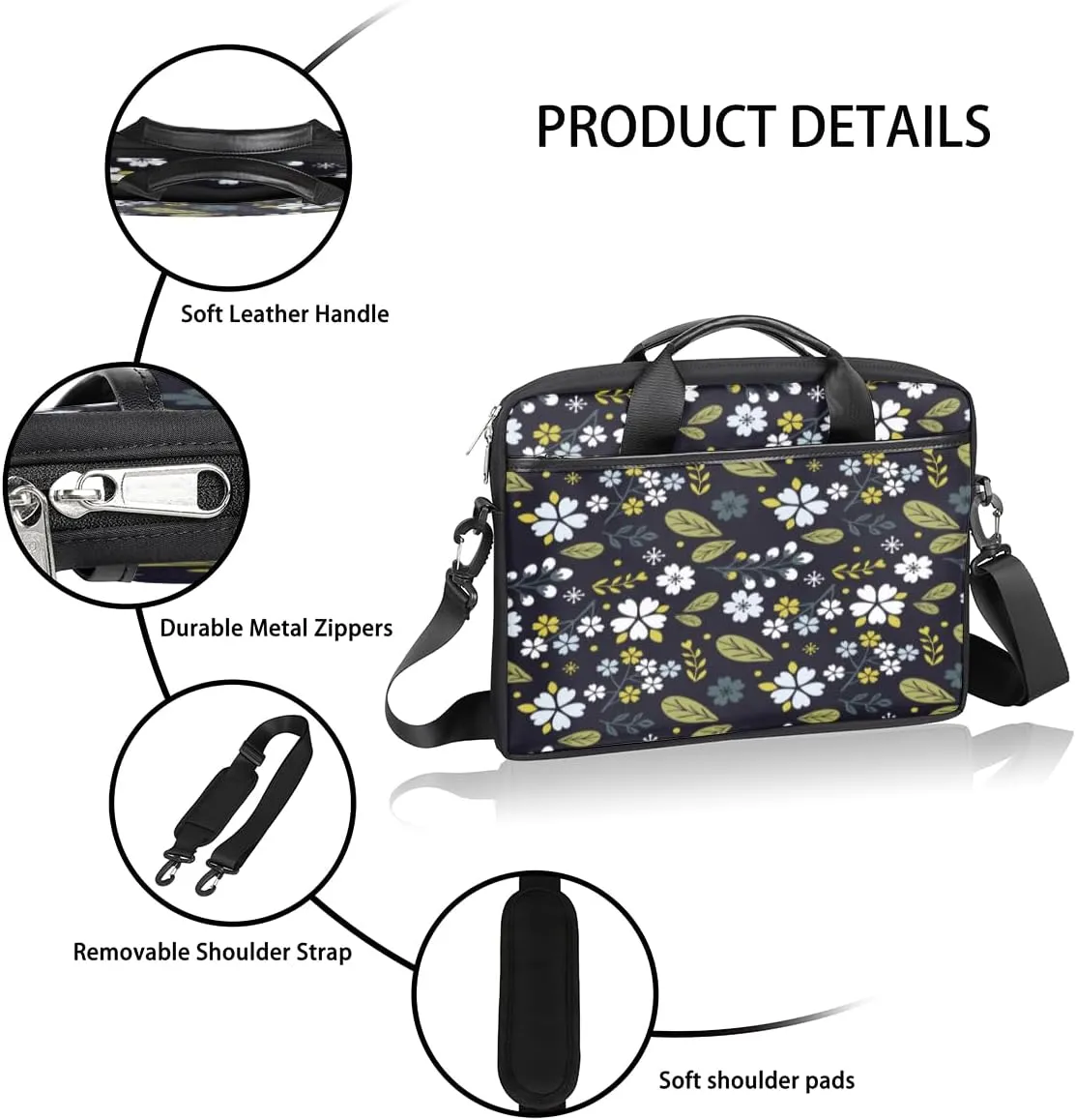 Elegant Flower Laptop Bag for Women Men 13-15 Inch Computer Briefcase Bag Lightweight Notebook Shoulder Messenger Bag