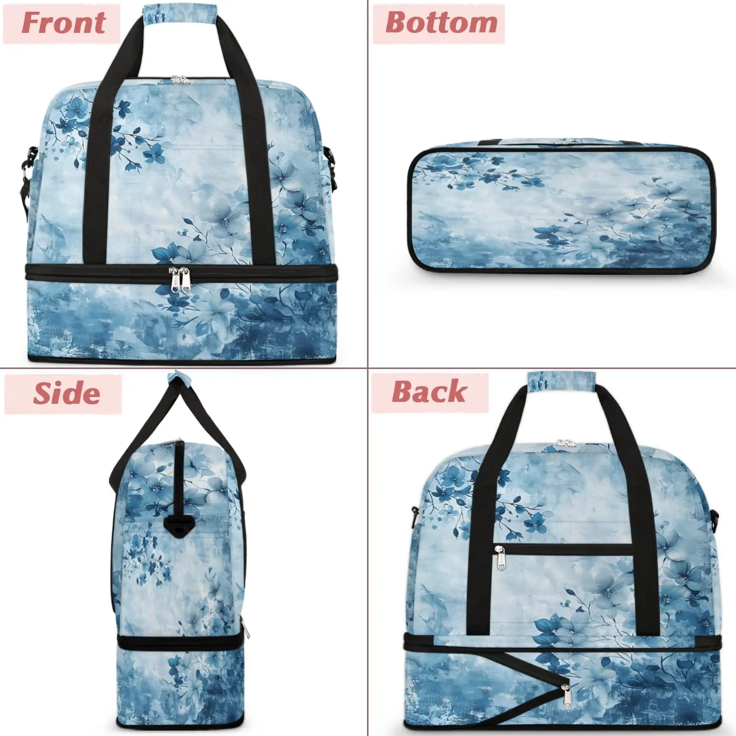 Elegant Flowers Flora Print Travel Duffle Bag, Collapsible Travel Bag Sports Gym Bag With Shoes Compartment Weekender Bag Overnight Bag For Women Men