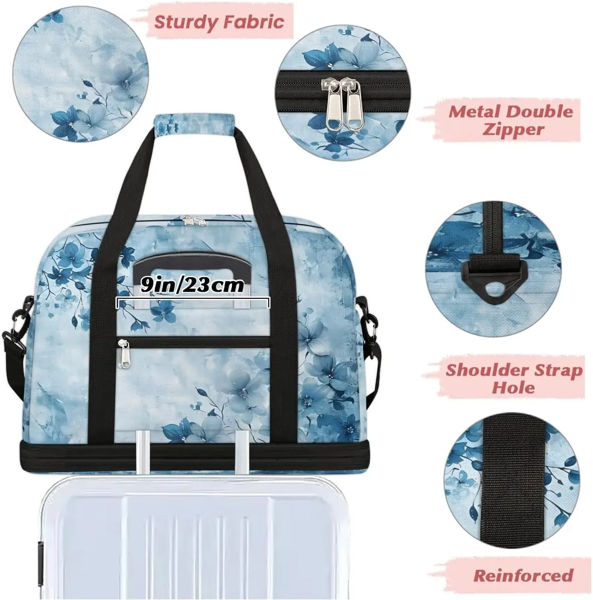 Elegant Flowers Flora Print Travel Duffle Bag, Collapsible Travel Bag Sports Gym Bag With Shoes Compartment Weekender Bag Overnight Bag For Women Men
