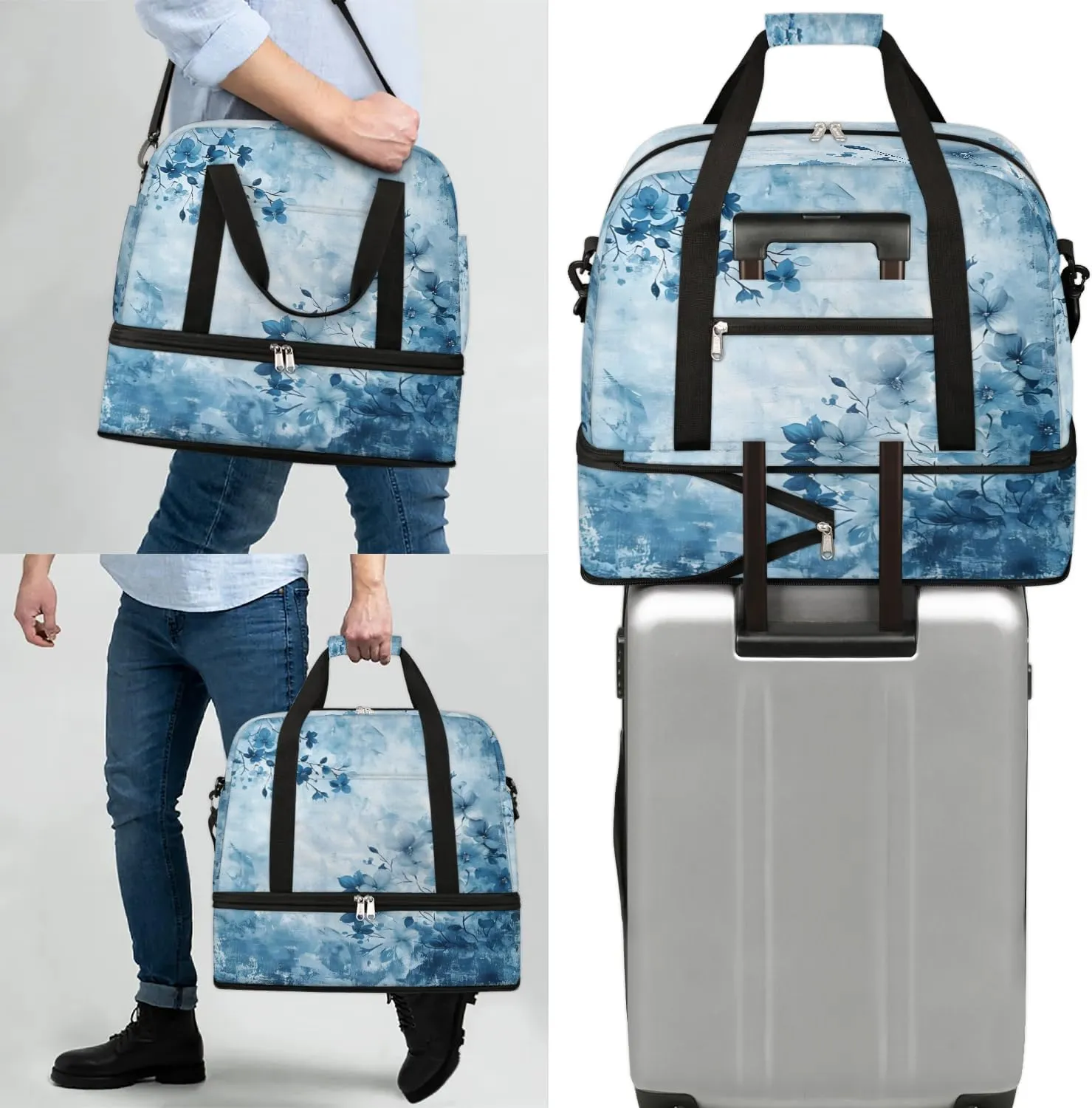 Elegant Flowers Flora Print Travel Duffle Bag, Collapsible Travel Bag Sports Gym Bag With Shoes Compartment Weekender Bag Overnight Bag For Women Men