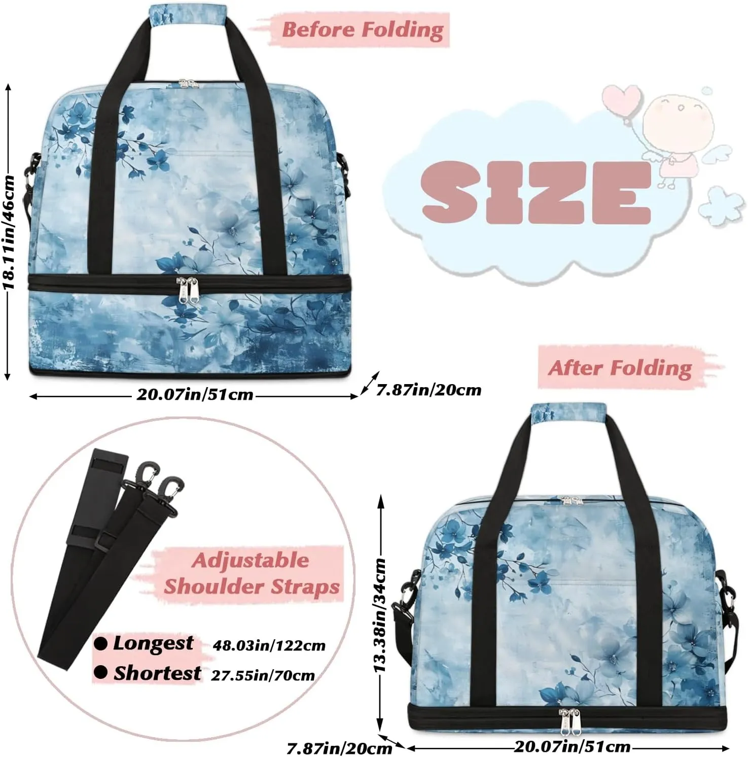 Elegant Flowers Flora Print Travel Duffle Bag, Collapsible Travel Bag Sports Gym Bag With Shoes Compartment Weekender Bag Overnight Bag For Women Men