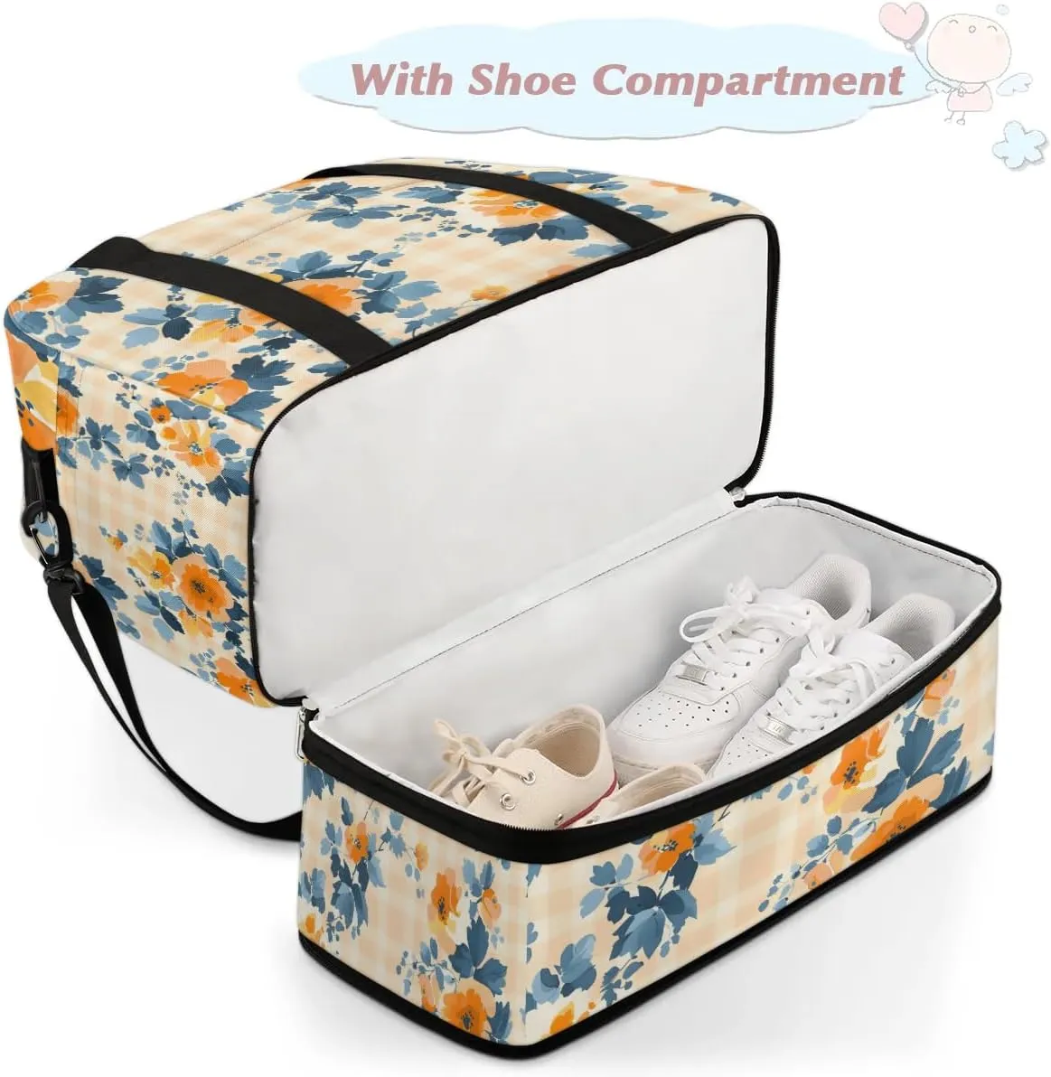 Elegant Flowers Prints Travel Duffle Bag, Collapsible Travel Bag Sports Gym Bag With Shoes Compartment Weekender Bag Overnight Bag For Women Men