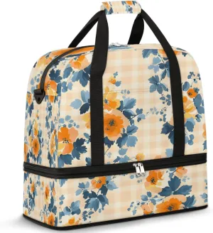 Elegant Flowers Prints Travel Duffle Bag, Collapsible Travel Bag Sports Gym Bag With Shoes Compartment Weekender Bag Overnight Bag For Women Men