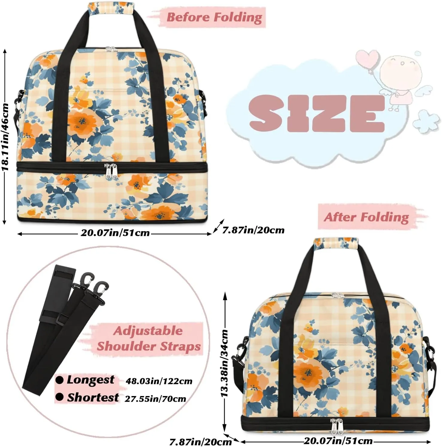 Elegant Flowers Prints Travel Duffle Bag, Collapsible Travel Bag Sports Gym Bag With Shoes Compartment Weekender Bag Overnight Bag For Women Men