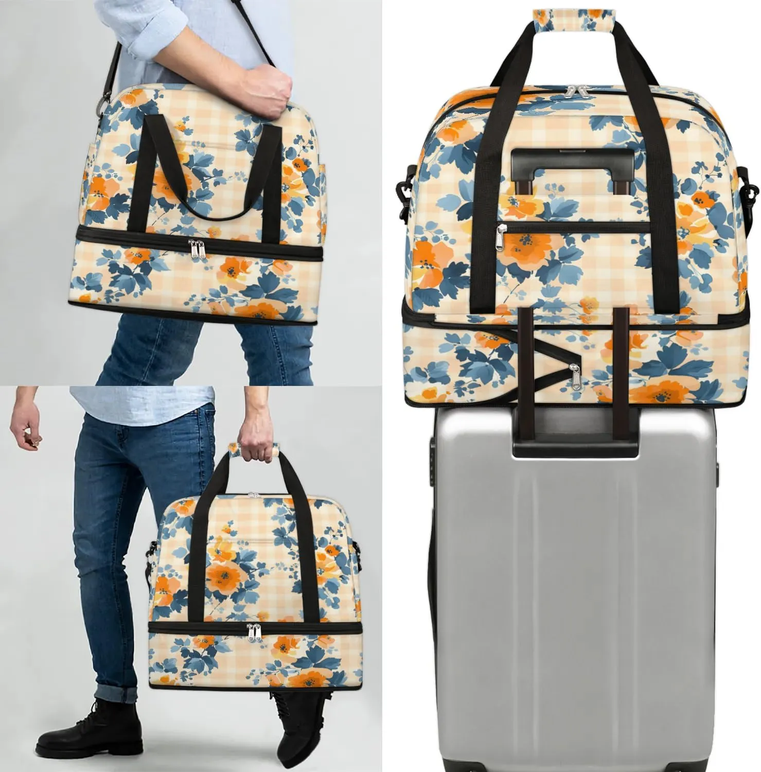 Elegant Flowers Prints Travel Duffle Bag, Collapsible Travel Bag Sports Gym Bag With Shoes Compartment Weekender Bag Overnight Bag For Women Men