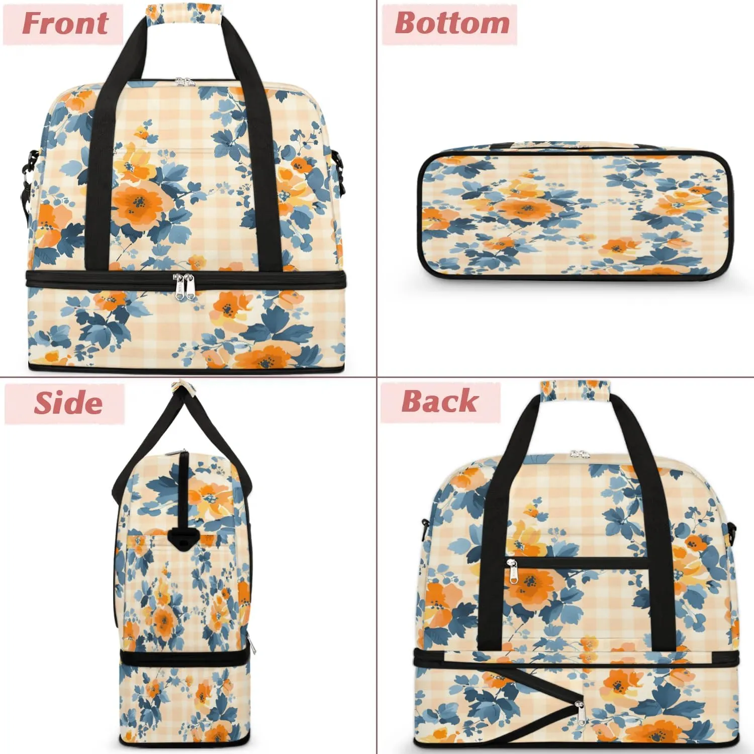 Elegant Flowers Prints Travel Duffle Bag, Collapsible Travel Bag Sports Gym Bag With Shoes Compartment Weekender Bag Overnight Bag For Women Men