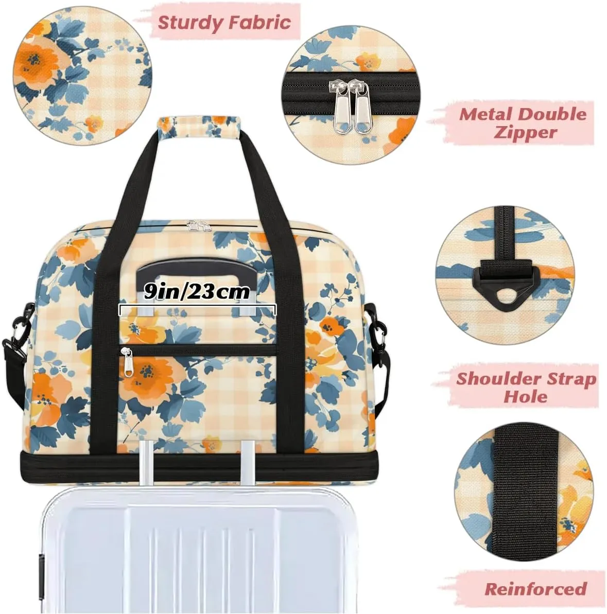 Elegant Flowers Prints Travel Duffle Bag, Collapsible Travel Bag Sports Gym Bag With Shoes Compartment Weekender Bag Overnight Bag For Women Men