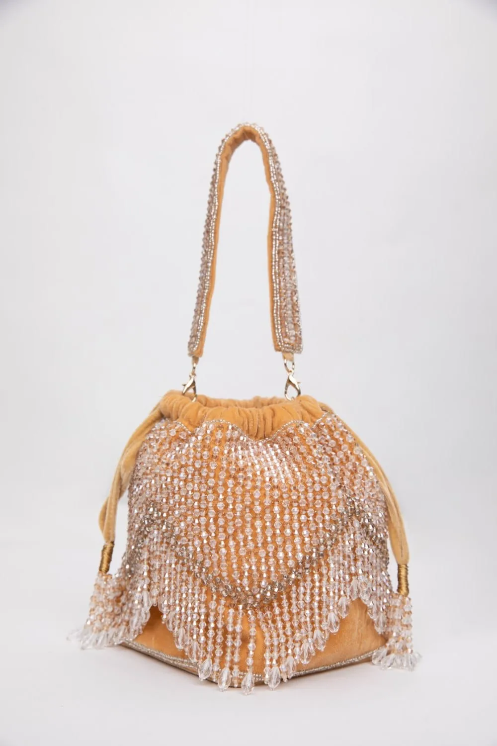 Elegant Golden Potli Bag With White Crystal Drops
