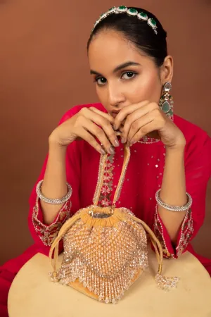 Elegant Golden Potli Bag With White Crystal Drops