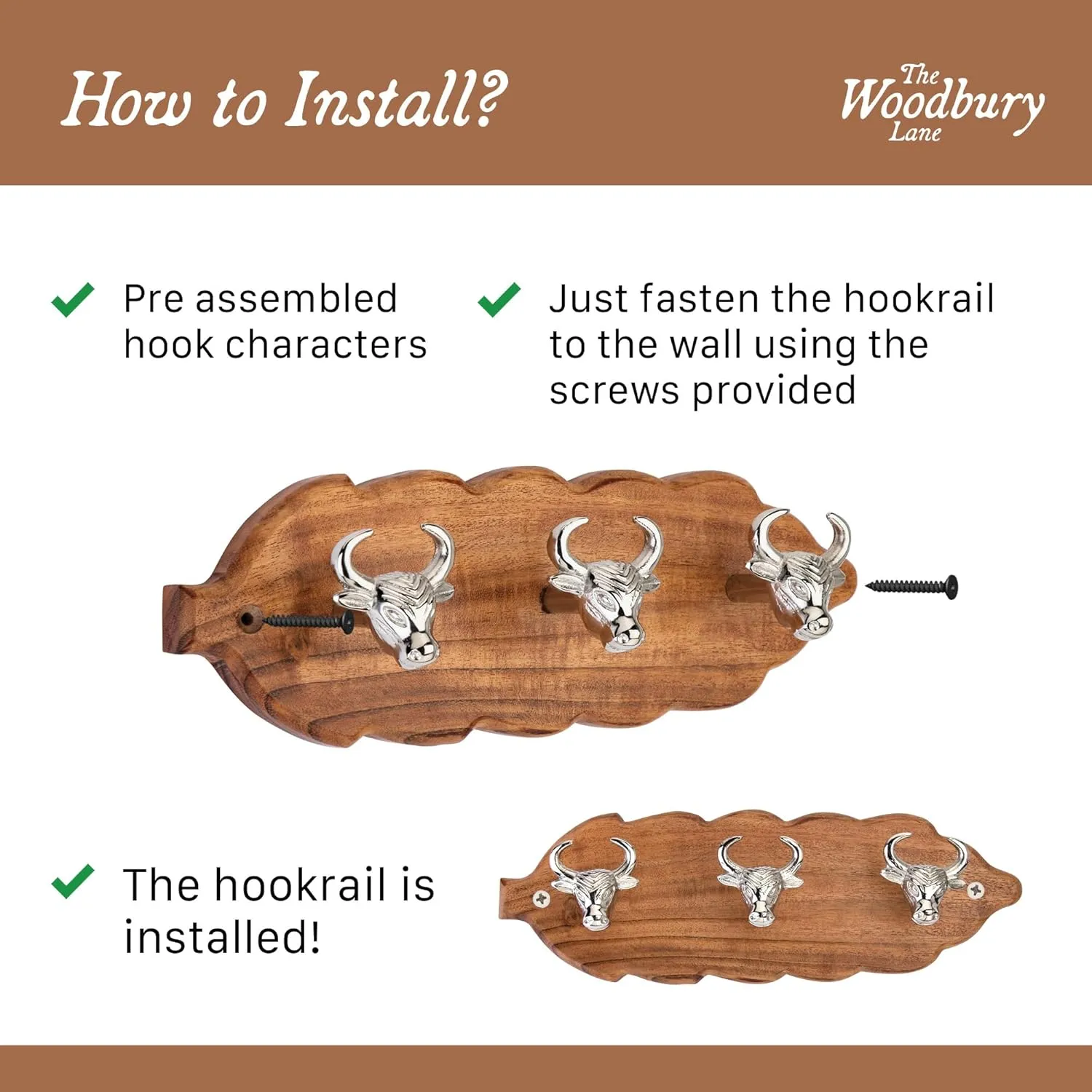 Elegant Wall-Mounted Coat Rack with 3 Polished Nickel Bull Head Hooks – Solid Wood Base, Decorative Hook Rail for Hats, Jackets, Keys & Bags – Sturdy Entryway & Mudroom Organizer
