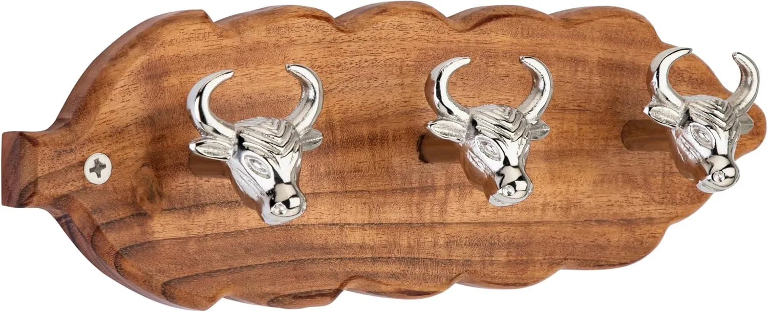 Elegant Wall-Mounted Coat Rack with 3 Polished Nickel Bull Head Hooks – Solid Wood Base, Decorative Hook Rail for Hats, Jackets, Keys & Bags – Sturdy Entryway & Mudroom Organizer