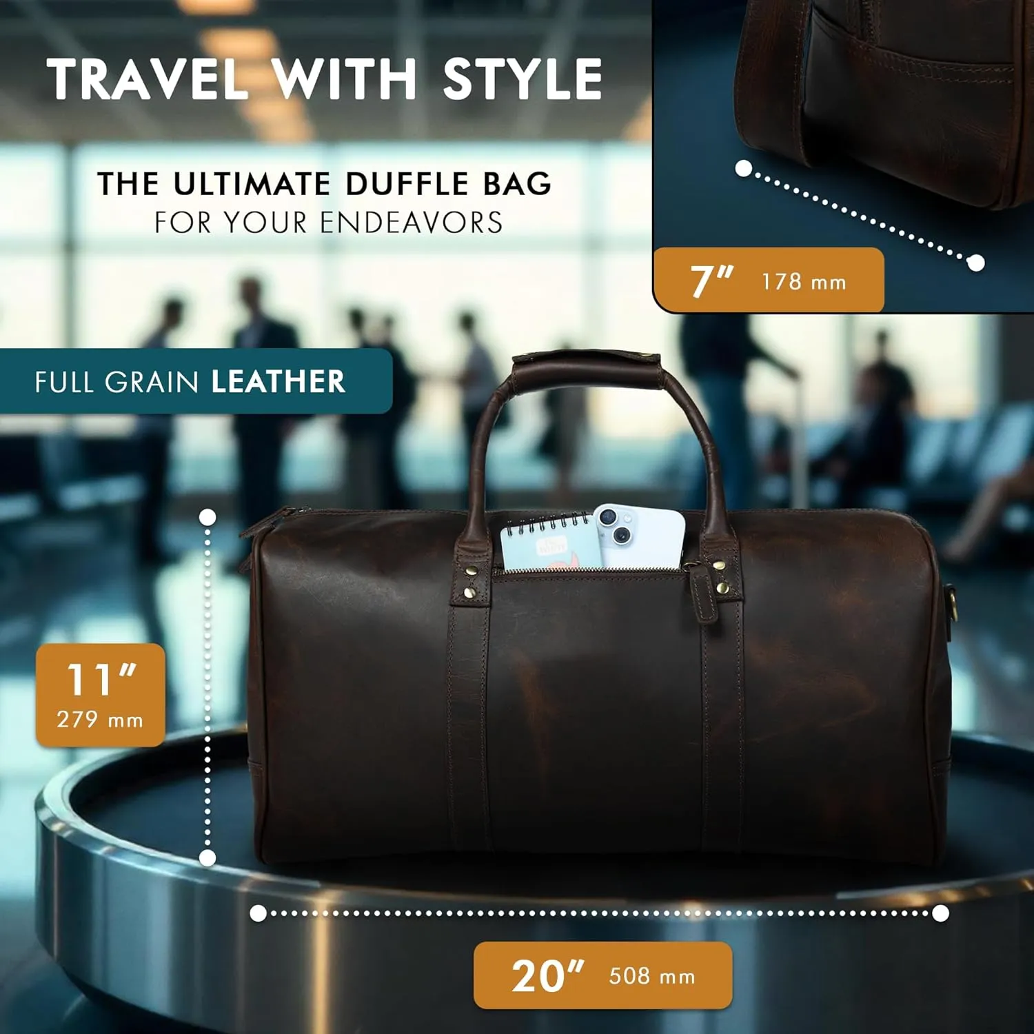 ELIZO Leather Duffle Bag For Men Women REAL FULL GRAIN Travel Overnight Weekender Carry On Luggage Sports Gym Bags (Walnut 20 Inch) Nomad