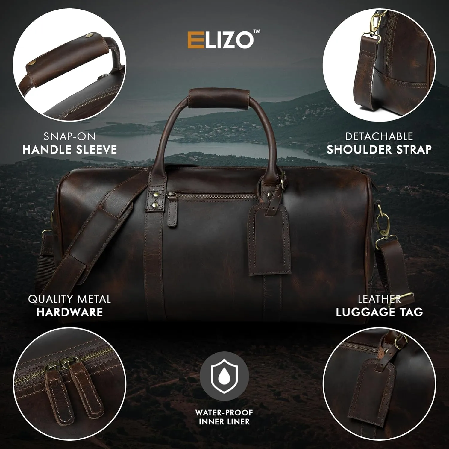 ELIZO Leather Duffle Bag For Men Women REAL FULL GRAIN Travel Overnight Weekender Carry On Luggage Sports Gym Bags (Walnut 20 Inch) Nomad
