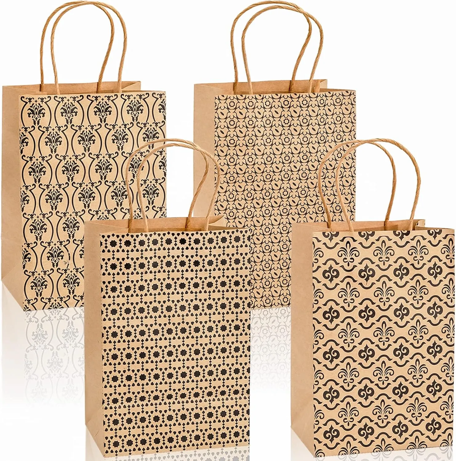 Elsjoy 100 Pack Small Kraft Paper Bags with Handles, 5 x 8 Brown Paper Gift Bags Kraft Party Favor Bags, Vintage Paper Goodie Bags for Wedding, Party Supplies, 4 Styles
