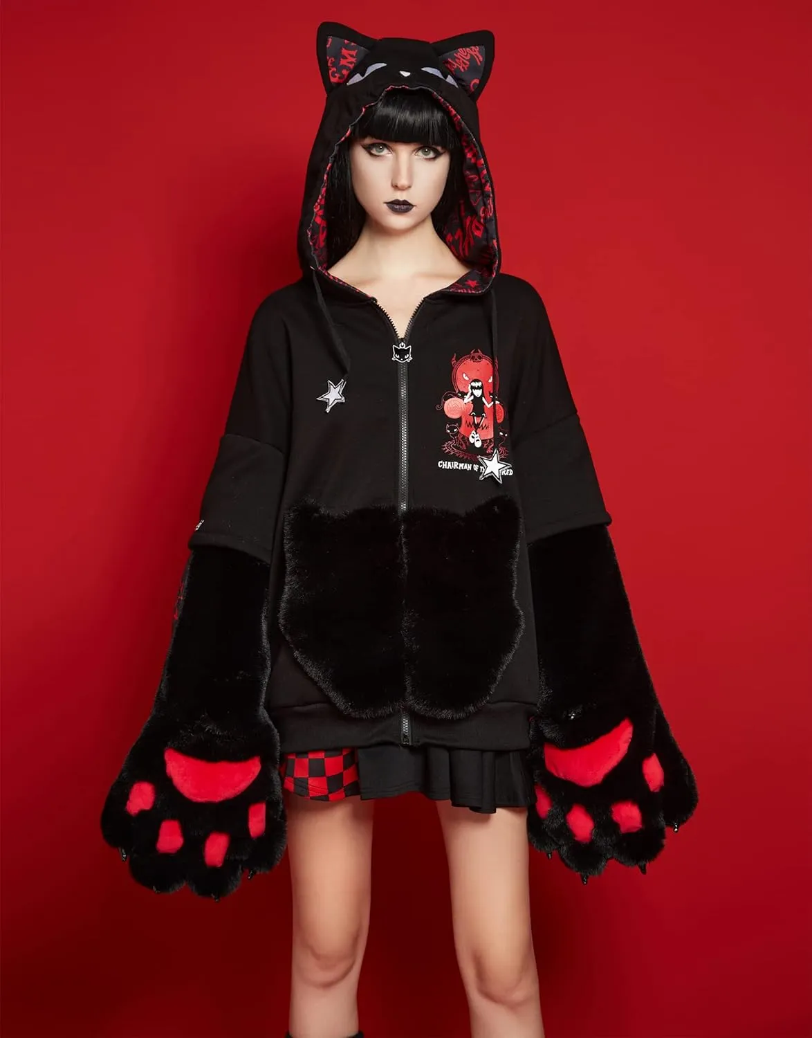 Emily the Strange Girls Cat Zip Up Hoodie Chairman of The Bored Print with Paw Gloves