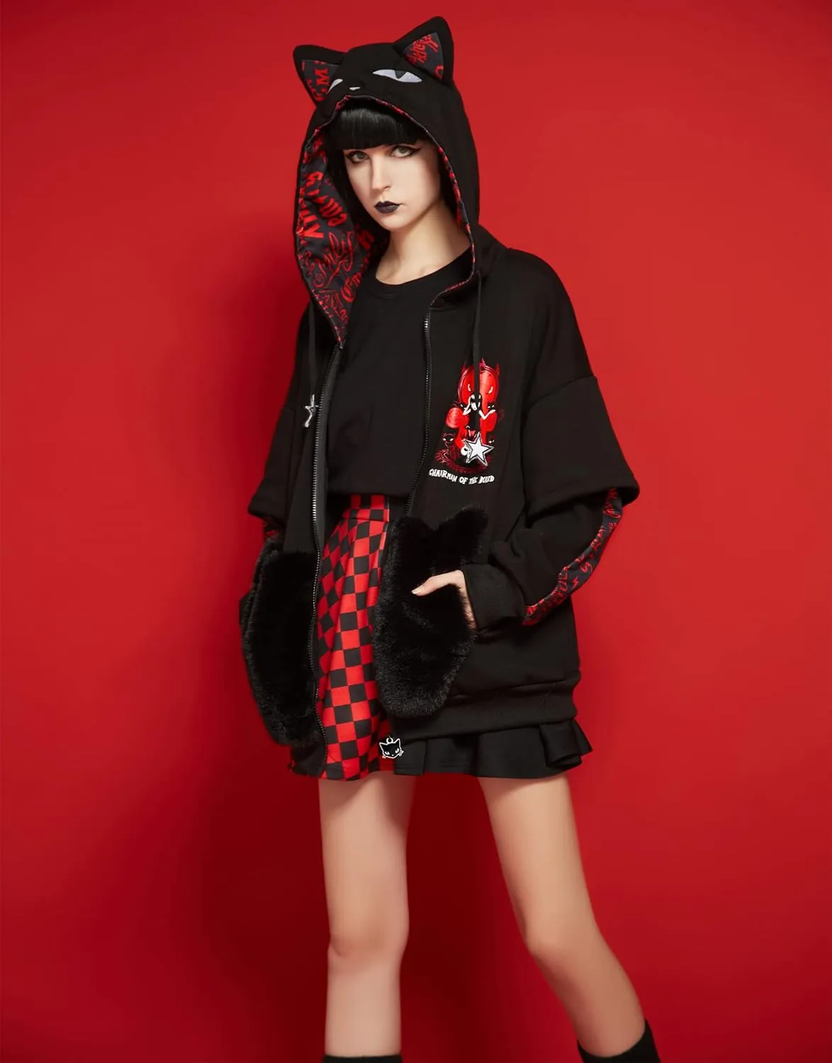 Emily the Strange Girls Cat Zip Up Hoodie Chairman of The Bored Print with Paw Gloves