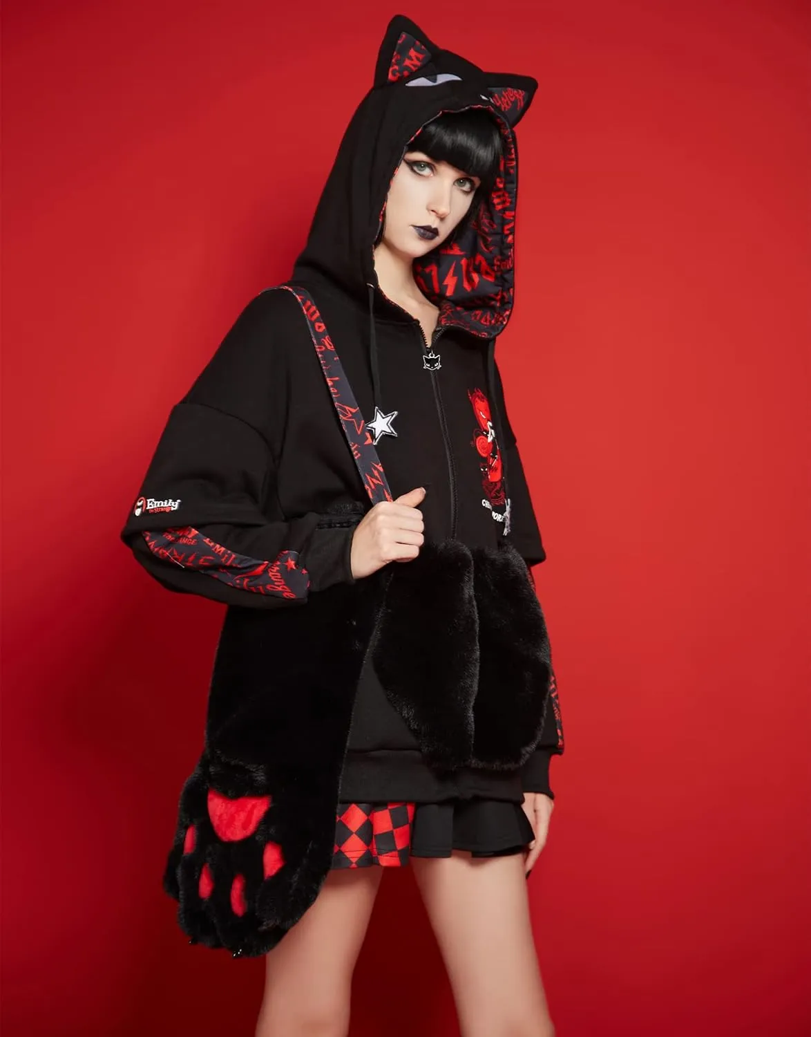Emily the Strange Girls Cat Zip Up Hoodie Chairman of The Bored Print with Paw Gloves