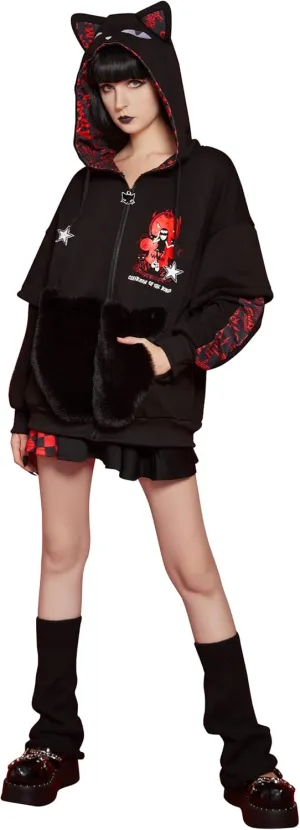 Emily the Strange Girls Cat Zip Up Hoodie Chairman of The Bored Print with Paw Gloves