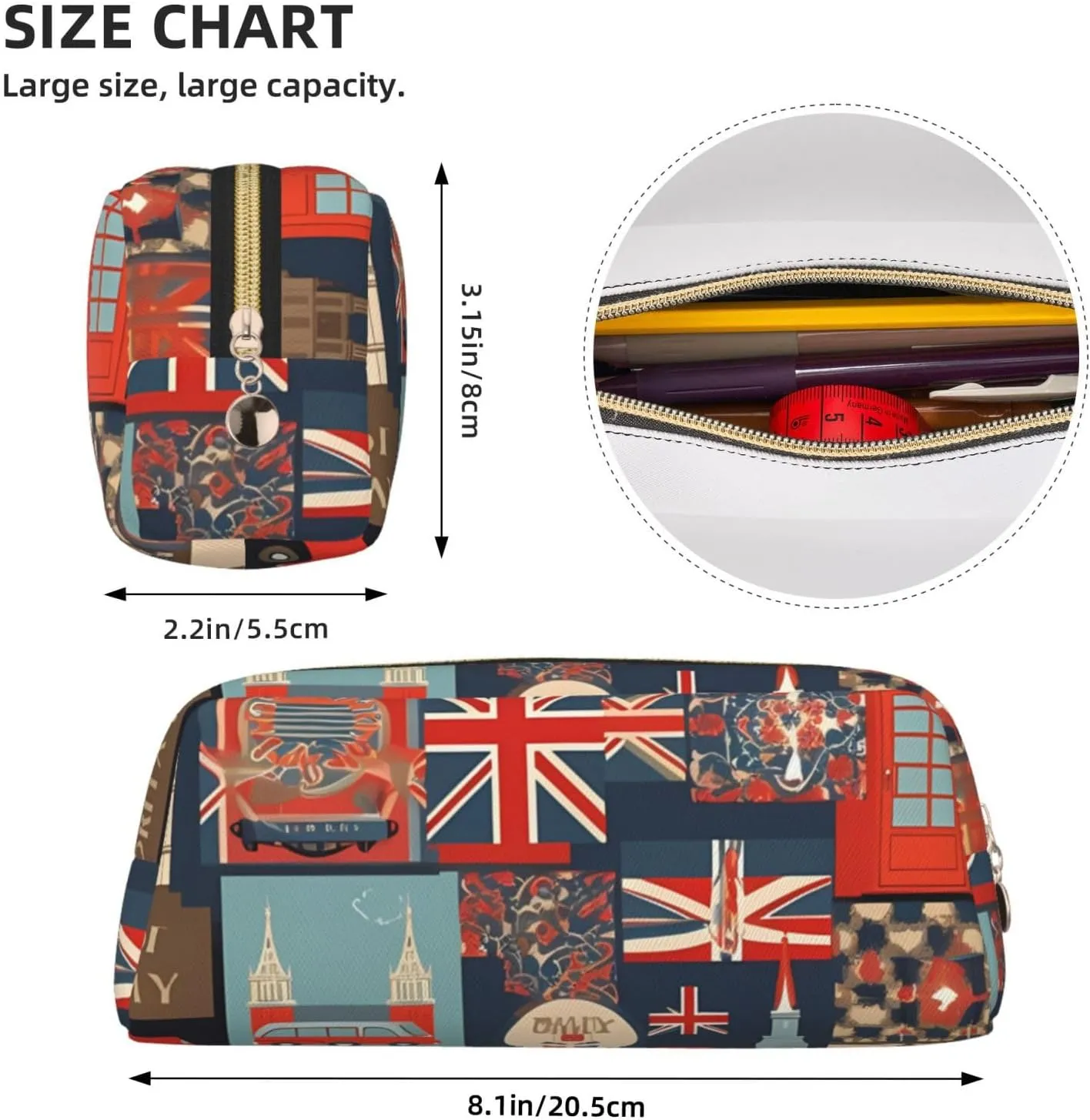 England Symbols Makeup Bag for Women Men Pencil Pouch Travel Small Cosmetic Bag Zippered Toiletry Bags Aesthetic Pen Bags Trendy Storage Bags Leather Coin Pouch Purse