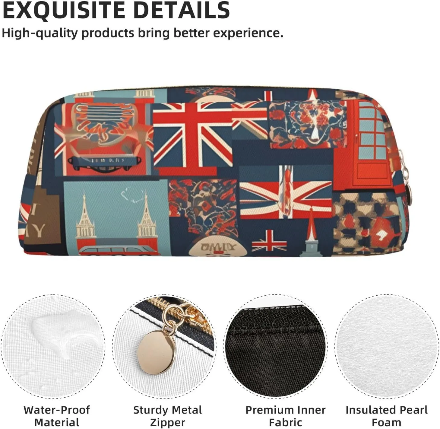 England Symbols Makeup Bag for Women Men Pencil Pouch Travel Small Cosmetic Bag Zippered Toiletry Bags Aesthetic Pen Bags Trendy Storage Bags Leather Coin Pouch Purse