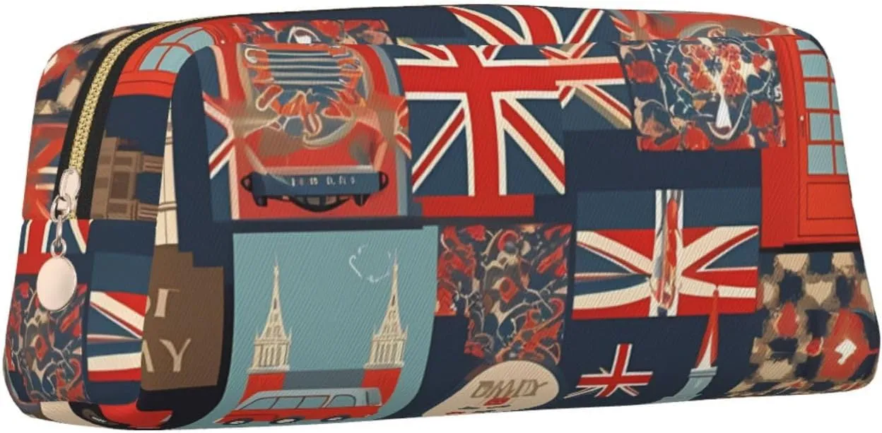England Symbols Makeup Bag for Women Men Pencil Pouch Travel Small Cosmetic Bag Zippered Toiletry Bags Aesthetic Pen Bags Trendy Storage Bags Leather Coin Pouch Purse