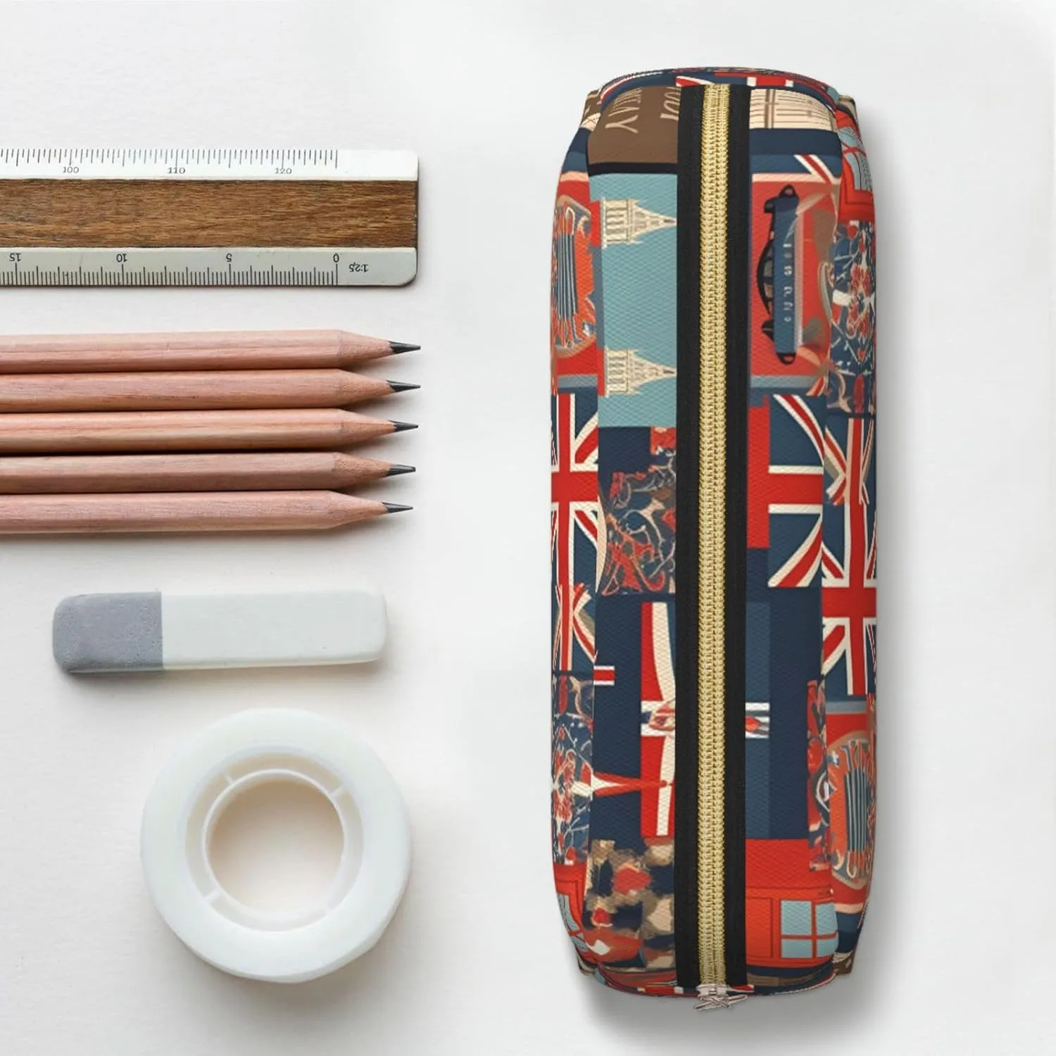England Symbols Makeup Bag for Women Men Pencil Pouch Travel Small Cosmetic Bag Zippered Toiletry Bags Aesthetic Pen Bags Trendy Storage Bags Leather Coin Pouch Purse