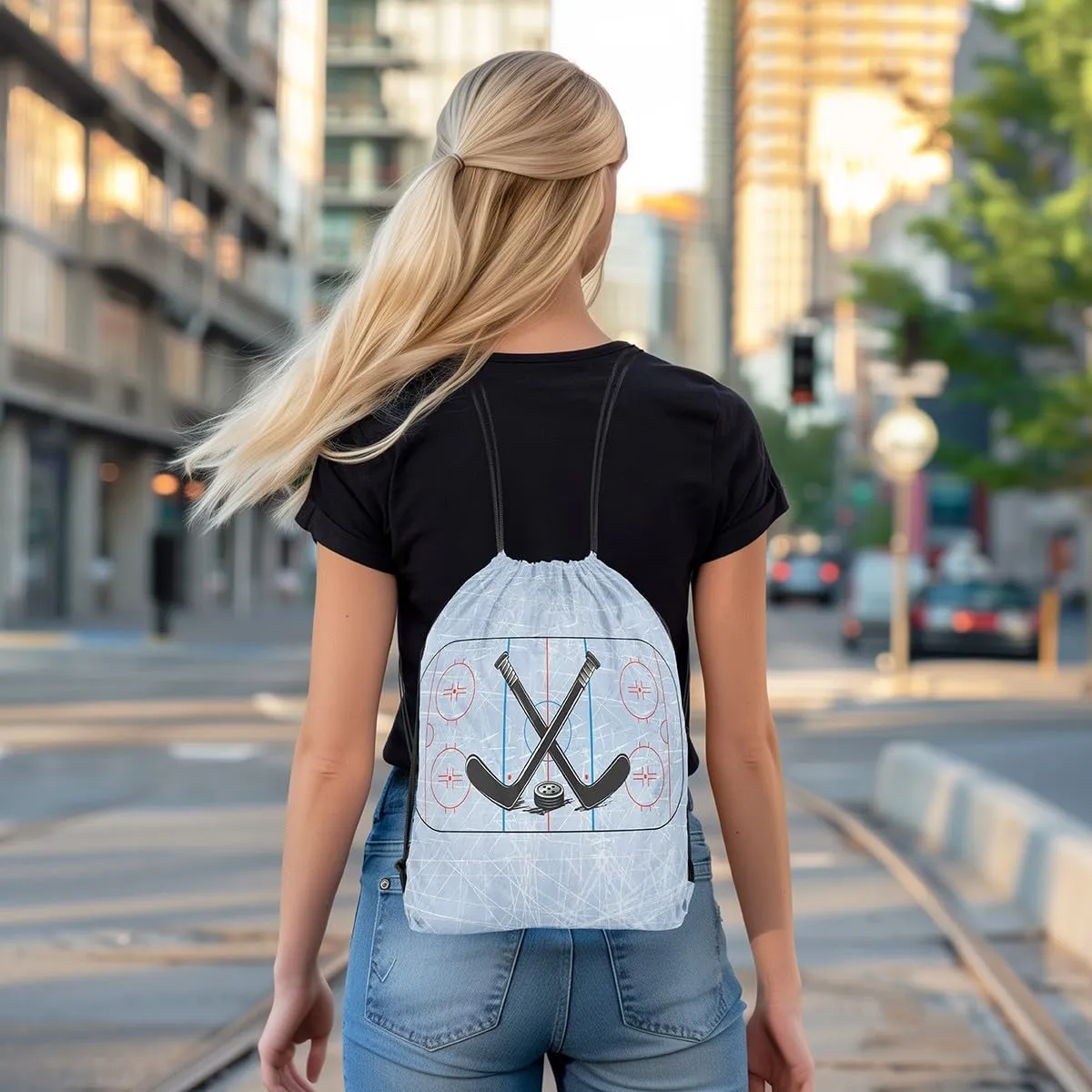 Erosebridal Hockey Drawstring Bags,Sports Game Drawstring Backpack 13x15.7 for Sport Gym Swim Yoga Camping,Minimalist Hockey Stick Draw String Back Bag,Geometric Lines Square String Backpack