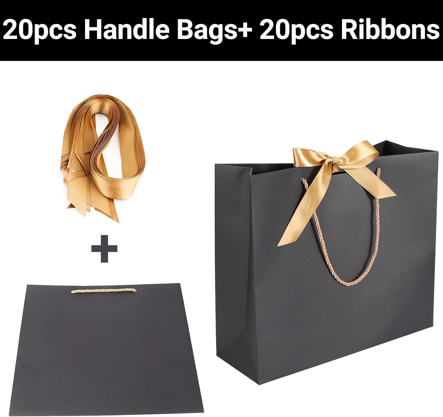 EUSOAR Gift Bags with Ribbon, 20pcs 12.5""x4.5""x11"" Thank You Gift Paper Bags with Handle, Shopping Wedding Party Favor Paper Bags Gift Treat Bags Bulk for Wedding Baby Shower Guests Bridal, Black