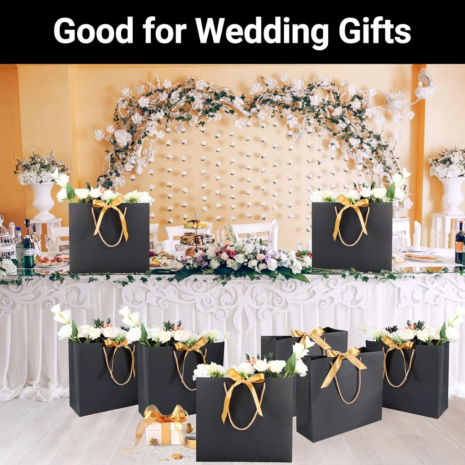 EUSOAR Gift Bags with Ribbon, 20pcs 12.5""x4.5""x11"" Thank You Gift Paper Bags with Handle, Shopping Wedding Party Favor Paper Bags Gift Treat Bags Bulk for Wedding Baby Shower Guests Bridal, Black