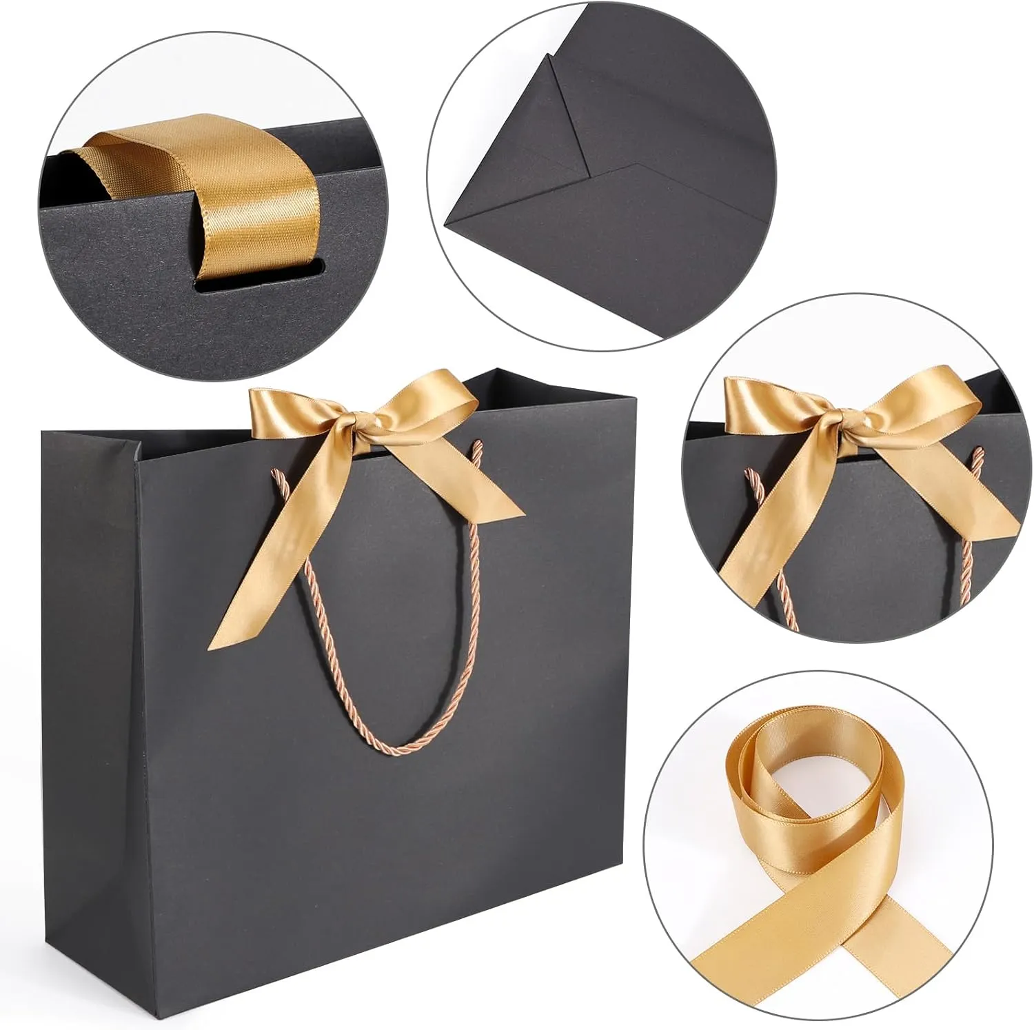 EUSOAR Gift Bags with Ribbon, 20pcs 12.5""x4.5""x11"" Thank You Gift Paper Bags with Handle, Shopping Wedding Party Favor Paper Bags Gift Treat Bags Bulk for Wedding Baby Shower Guests Bridal, Black
