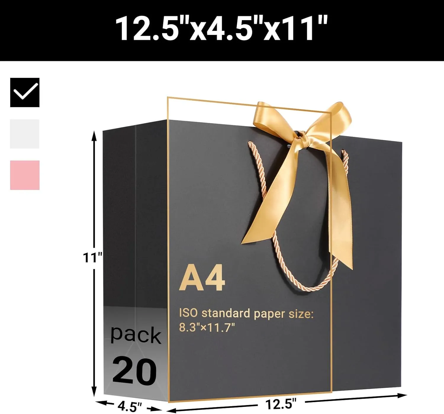 EUSOAR Gift Bags with Ribbon, 20pcs 12.5""x4.5""x11"" Thank You Gift Paper Bags with Handle, Shopping Wedding Party Favor Paper Bags Gift Treat Bags Bulk for Wedding Baby Shower Guests Bridal, Black