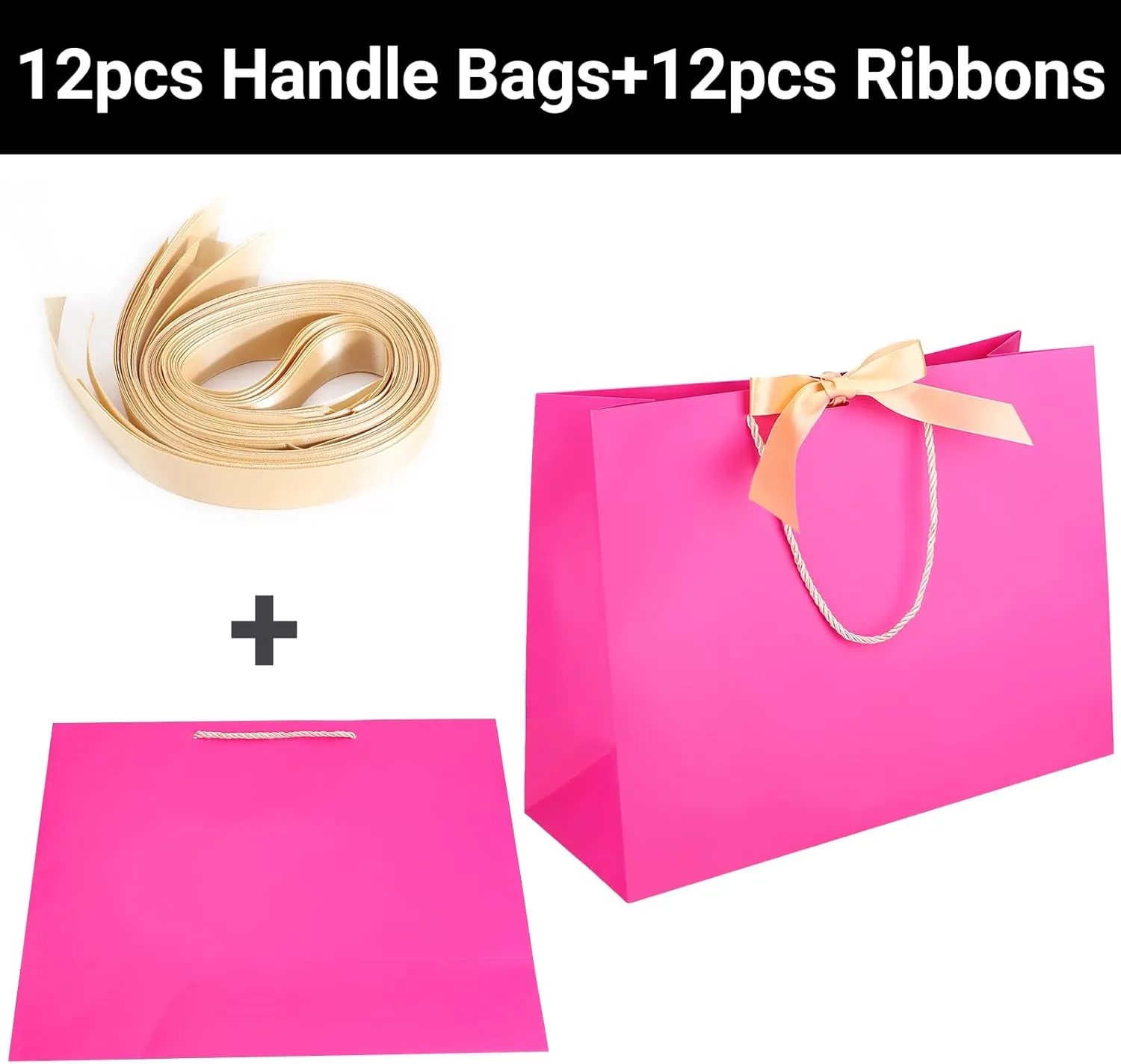 EUSOAR Large Gift Bags, 12pcs 16"x6"x12" Hot Pink Thank You Paper Gift Bags with Bow Ribbon Handle, Gift Wrap Shopping Treat Bags Bulk for Wedding Party Favor Baby Showers Bridesmaid Birthday
