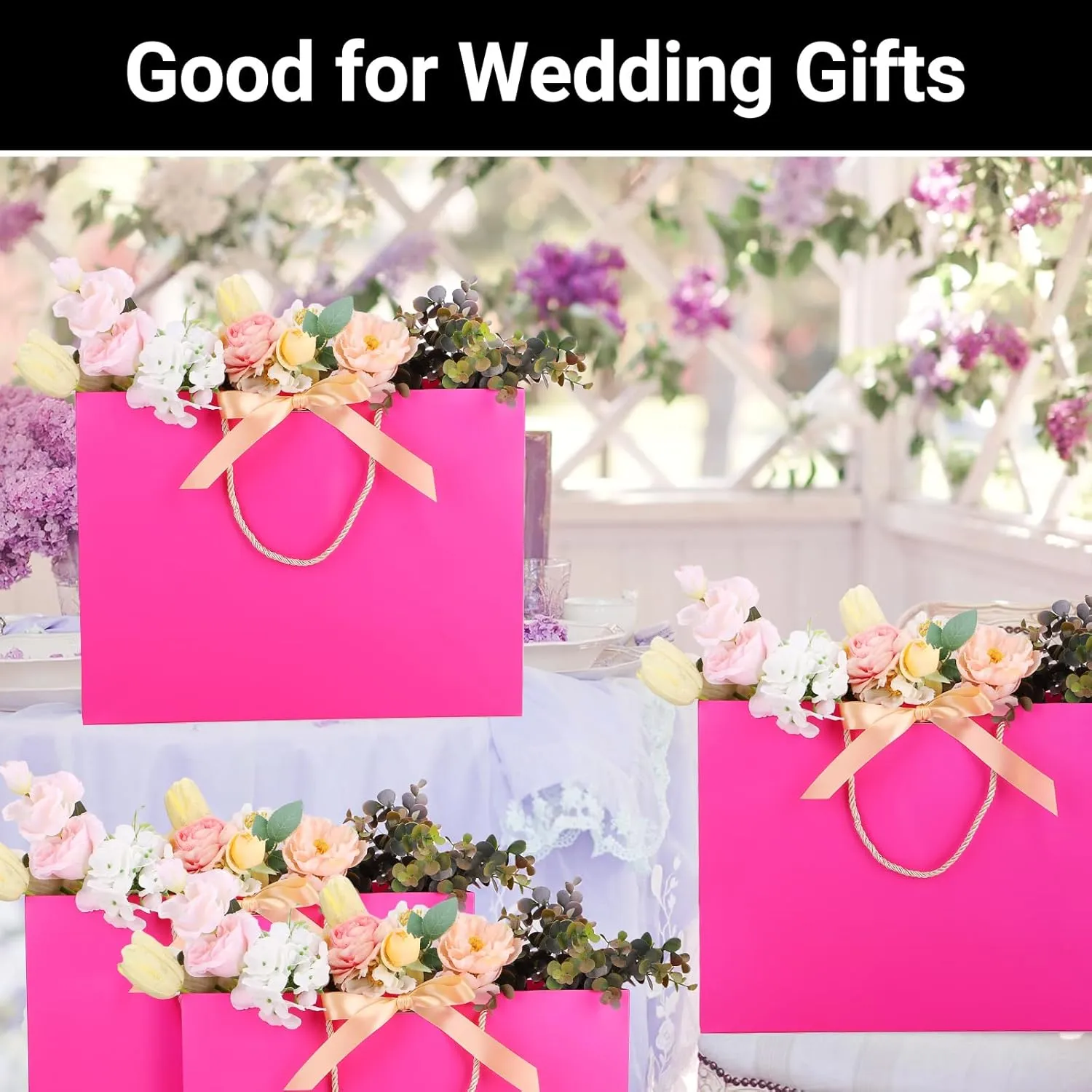 EUSOAR Large Gift Bags, 12pcs 16"x6"x12" Hot Pink Thank You Paper Gift Bags with Bow Ribbon Handle, Gift Wrap Shopping Treat Bags Bulk for Wedding Party Favor Baby Showers Bridesmaid Birthday