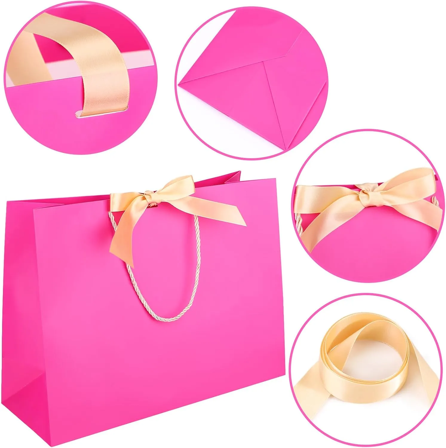 EUSOAR Large Gift Bags, 12pcs 16"x6"x12" Hot Pink Thank You Paper Gift Bags with Bow Ribbon Handle, Gift Wrap Shopping Treat Bags Bulk for Wedding Party Favor Baby Showers Bridesmaid Birthday
