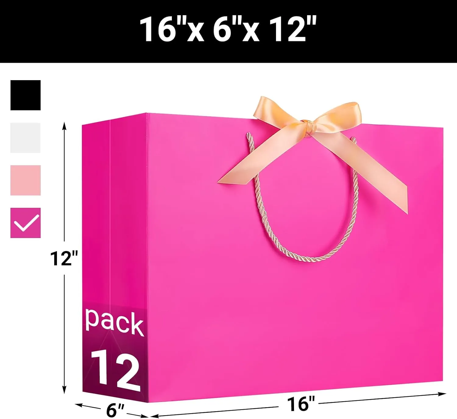 EUSOAR Large Gift Bags, 12pcs 16"x6"x12" Hot Pink Thank You Paper Gift Bags with Bow Ribbon Handle, Gift Wrap Shopping Treat Bags Bulk for Wedding Party Favor Baby Showers Bridesmaid Birthday
