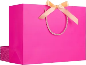 EUSOAR Large Gift Bags, 12pcs 16"x6"x12" Hot Pink Thank You Paper Gift Bags with Bow Ribbon Handle, Gift Wrap Shopping Treat Bags Bulk for Wedding Party Favor Baby Showers Bridesmaid Birthday