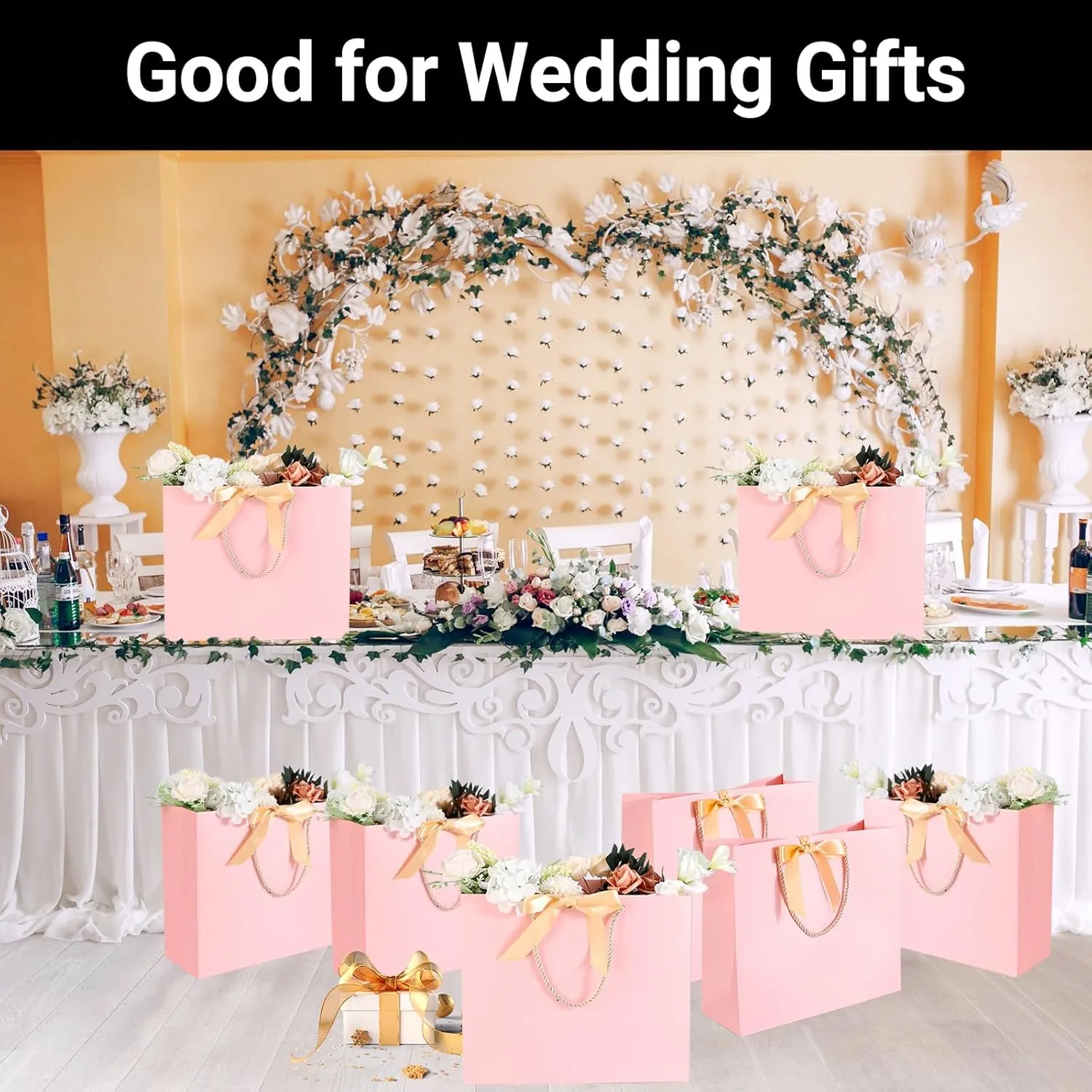 EUSOAR Thank You Gift Bags, 12pcs 12.5"x4.5"x11" Thank You Gift Paper Bags with Bow Ribbon Handle, Gift Wrap Treat Bags Bulk for Wedding Baby Shower Birthday Bridesmaid Anniversary Holiday Party