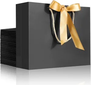 EUSOAR Wedding Favor Bags, 25pcs 10.6"x3.1"x8.3" Black Kraft Thank You Gift Paper Bags with Bow Ribbon Handle, Shopping Party Favor Gift Treat Bags Bulk for Wedding Baby Shower Guests Bridal