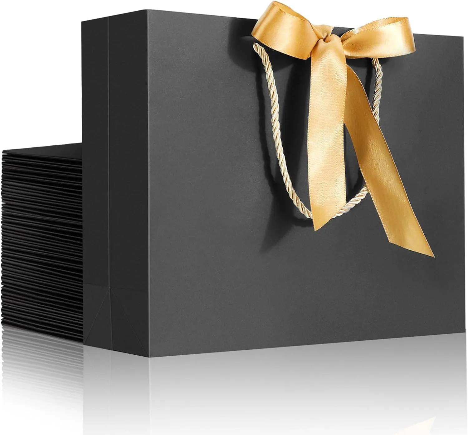 EUSOAR Wedding Favor Bags, 25pcs 10.6"x3.1"x8.3" Black Kraft Thank You Gift Paper Bags with Bow Ribbon Handle, Shopping Party Favor Gift Treat Bags Bulk for Wedding Baby Shower Guests Bridal