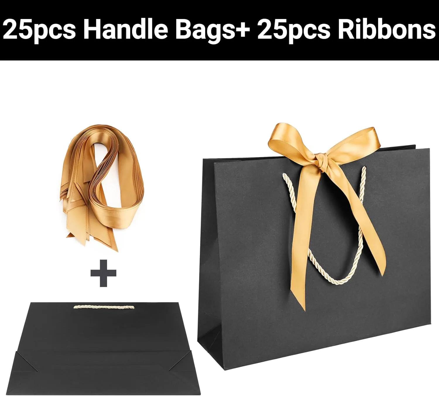 EUSOAR Wedding Favor Bags, 25pcs 10.6"x3.1"x8.3" Black Kraft Thank You Gift Paper Bags with Bow Ribbon Handle, Shopping Party Favor Gift Treat Bags Bulk for Wedding Baby Shower Guests Bridal