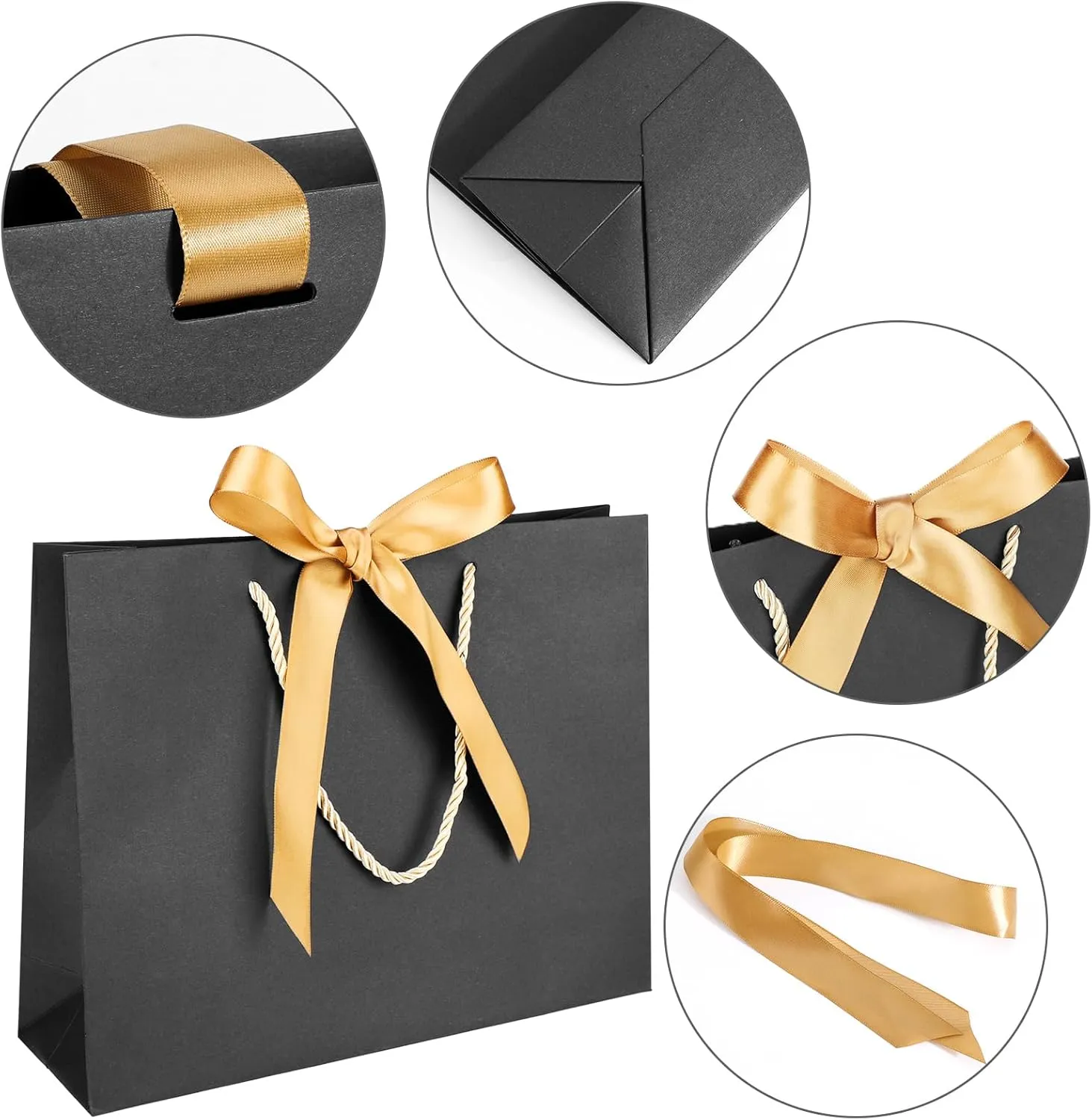 EUSOAR Wedding Favor Bags, 25pcs 10.6"x3.1"x8.3" Black Kraft Thank You Gift Paper Bags with Bow Ribbon Handle, Shopping Party Favor Gift Treat Bags Bulk for Wedding Baby Shower Guests Bridal