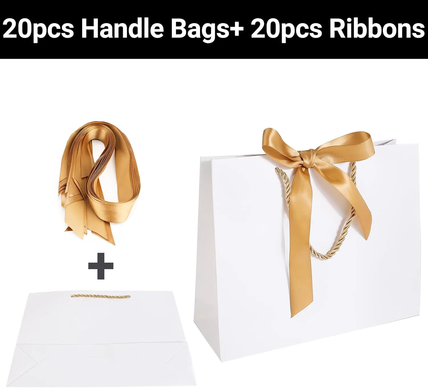 EUSOAR White Thank You Gift Bags with Handles，20pcs 10.6"x3.1"x8.3" Gift Bags with Ribbon Wedding Favor Bags, Gift Wrap Treat Bags Bulk for Wedding,Party Favors,Grocery,Baby Showers, Birthdays